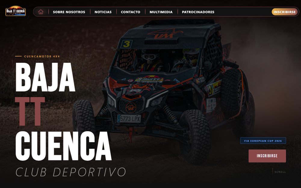 Portada de la web de la Baja TT Cuenca: un buggy todoterreno entre polvo, con el título Baja TT Cuenca Club Deportivo